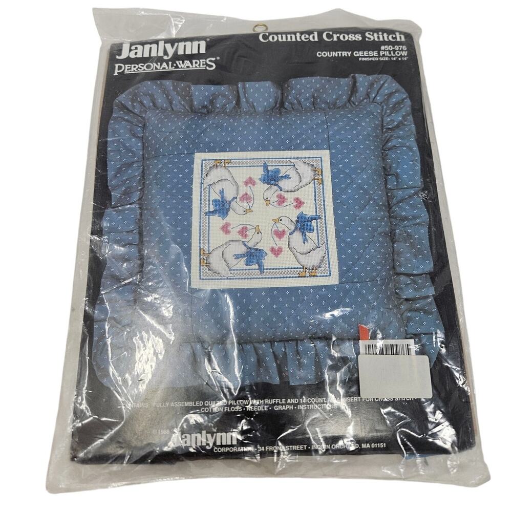 Vintage 80s Janlynn Country Goose Counted Cross Stitch Pillow Quilted Cottage